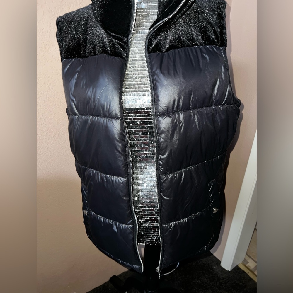 Black Puffer Vest Calvin Klein velvet/nylon warm euc condition coat designer